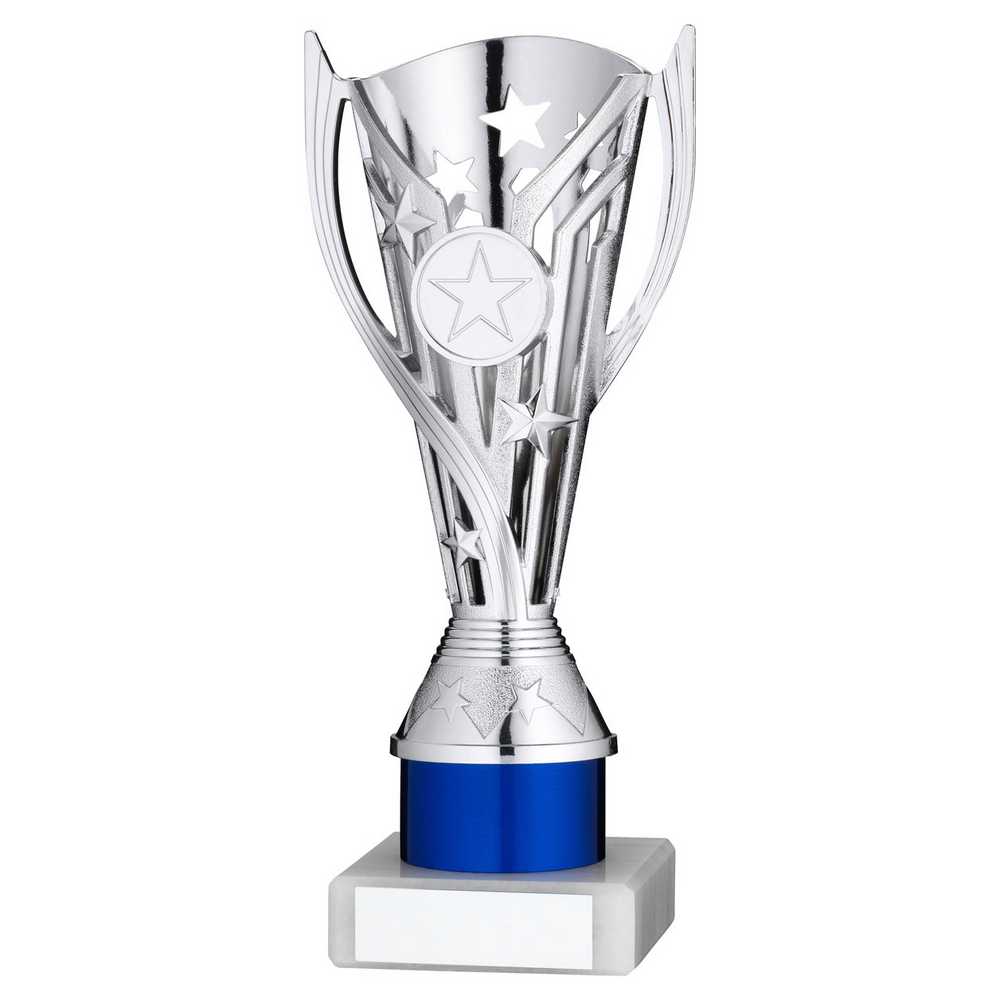 SILVER/BLUE PLASTIC 'FLASH' CUP ASSEMBLED ON MARBLE (1in CEN) - 8in