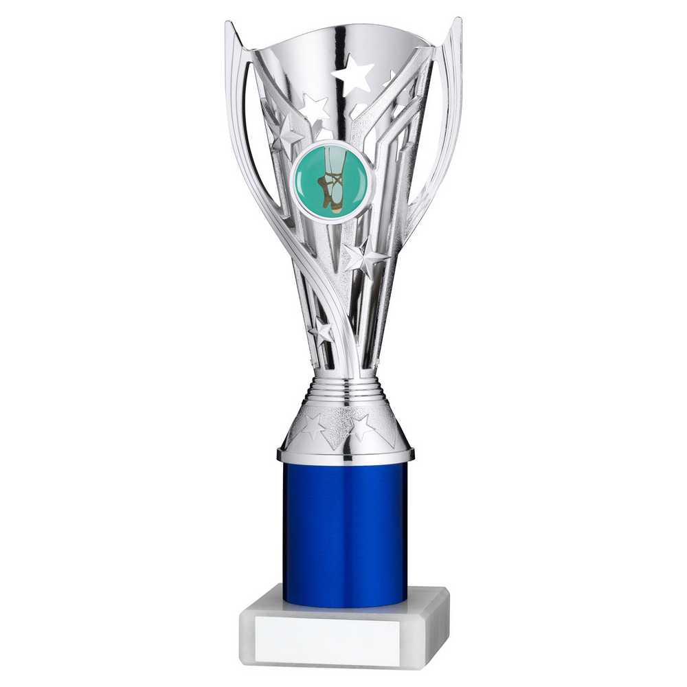 SILVER/BLUE PLASTIC 'FLASH' CUP ASSEMBLED ON MARBLE (1in CEN) - 9in