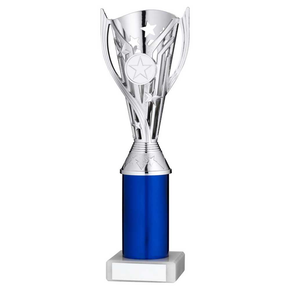 SILVER/BLUE PLASTIC 'FLASH' CUP ASSEMBLED ON MARBLE (1in CEN) - 10in