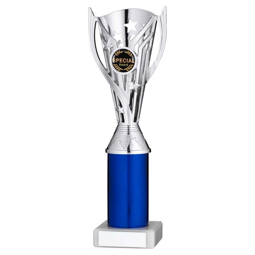 SILVER/BLUE PLASTIC 'FLASH' CUP ASSEMBLED ON MARBLE (1in CEN) - 10in