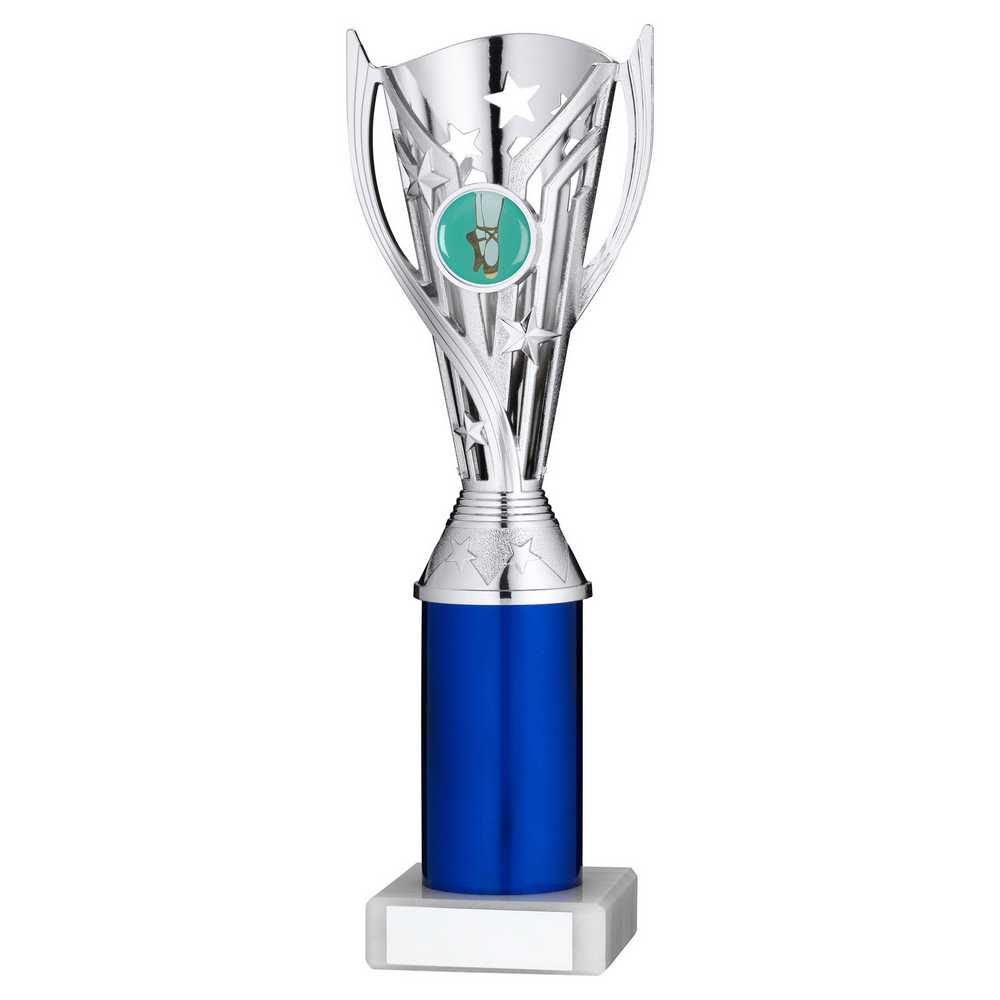 SILVER/BLUE PLASTIC 'FLASH' CUP ASSEMBLED ON MARBLE (1in CEN) - 10in