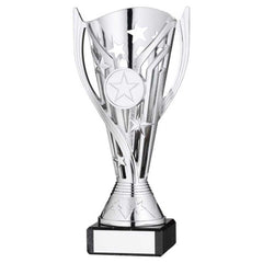 SILVER PLASTIC 'FLASH' CUP ON BLACK MARBLE ASSEMBLED TROPHY (1" CEN) - 6.75in