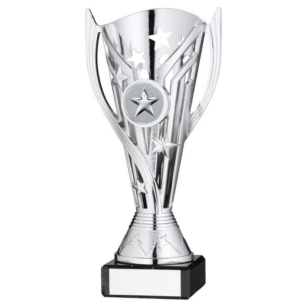 SILVER PLASTIC 'FLASH' CUP ON BLACK MARBLE ASSEMBLED TROPHY (1" CEN) - 6.75in