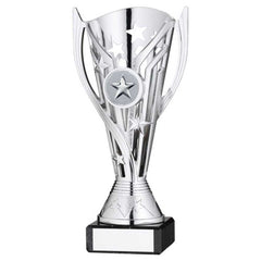 SILVER PLASTIC 'FLASH' CUP ON BLACK MARBLE ASSEMBLED TROPHY (1" CEN) - 6.75in