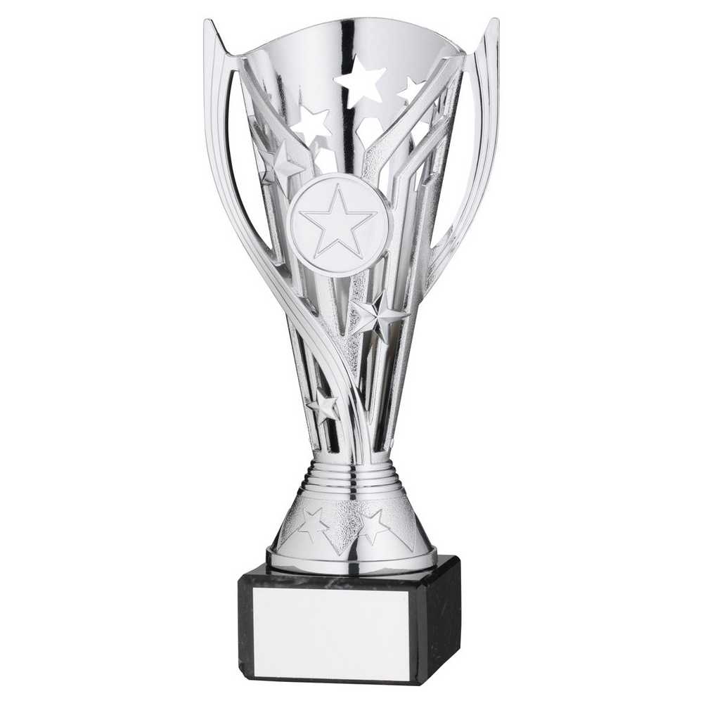 SILVER PLASTIC 'FLASH' CUP ON BLACK MARBLE ASSEMBLED TROPHY (1" CEN) - 7.25in