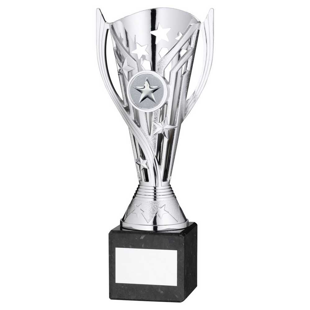 SILVER PLASTIC 'FLASH' CUP ON BLACK MARBLE ASSEMBLED TROPHY (1" CEN) - 8in