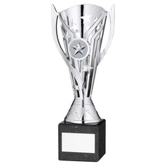SILVER PLASTIC 'FLASH' CUP ON BLACK MARBLE ASSEMBLED TROPHY (1" CEN) - 8in