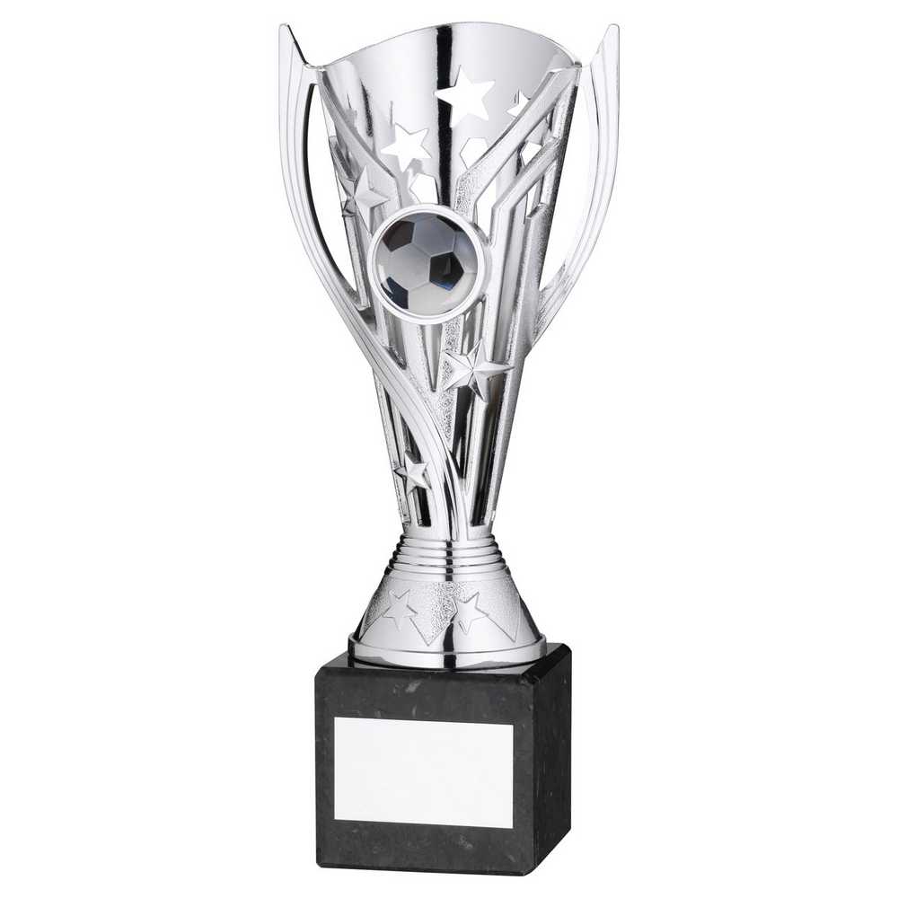 SILVER PLASTIC 'FLASH' CUP ON BLACK MARBLE ASSEMBLED TROPHY (1" CEN) - 8in