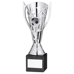 SILVER PLASTIC 'FLASH' CUP ON BLACK MARBLE ASSEMBLED TROPHY (1" CEN) - 8in