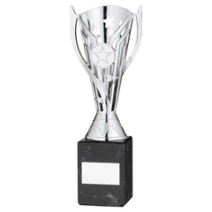 SILVER PLASTIC 'FLASH' CUP ON BLACK MARBLE ASSEMBLED TROPHY (1" CEN) - 9in