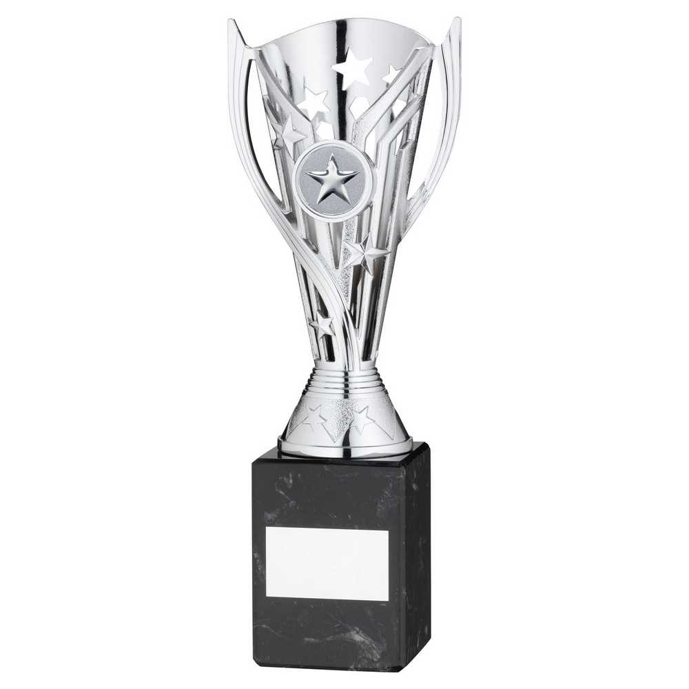 SILVER PLASTIC 'FLASH' CUP ON BLACK MARBLE ASSEMBLED TROPHY (1" CEN) - 9in