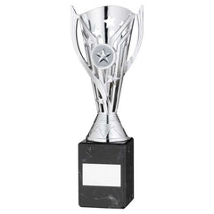 SILVER PLASTIC 'FLASH' CUP ON BLACK MARBLE ASSEMBLED TROPHY (1" CEN) - 9in