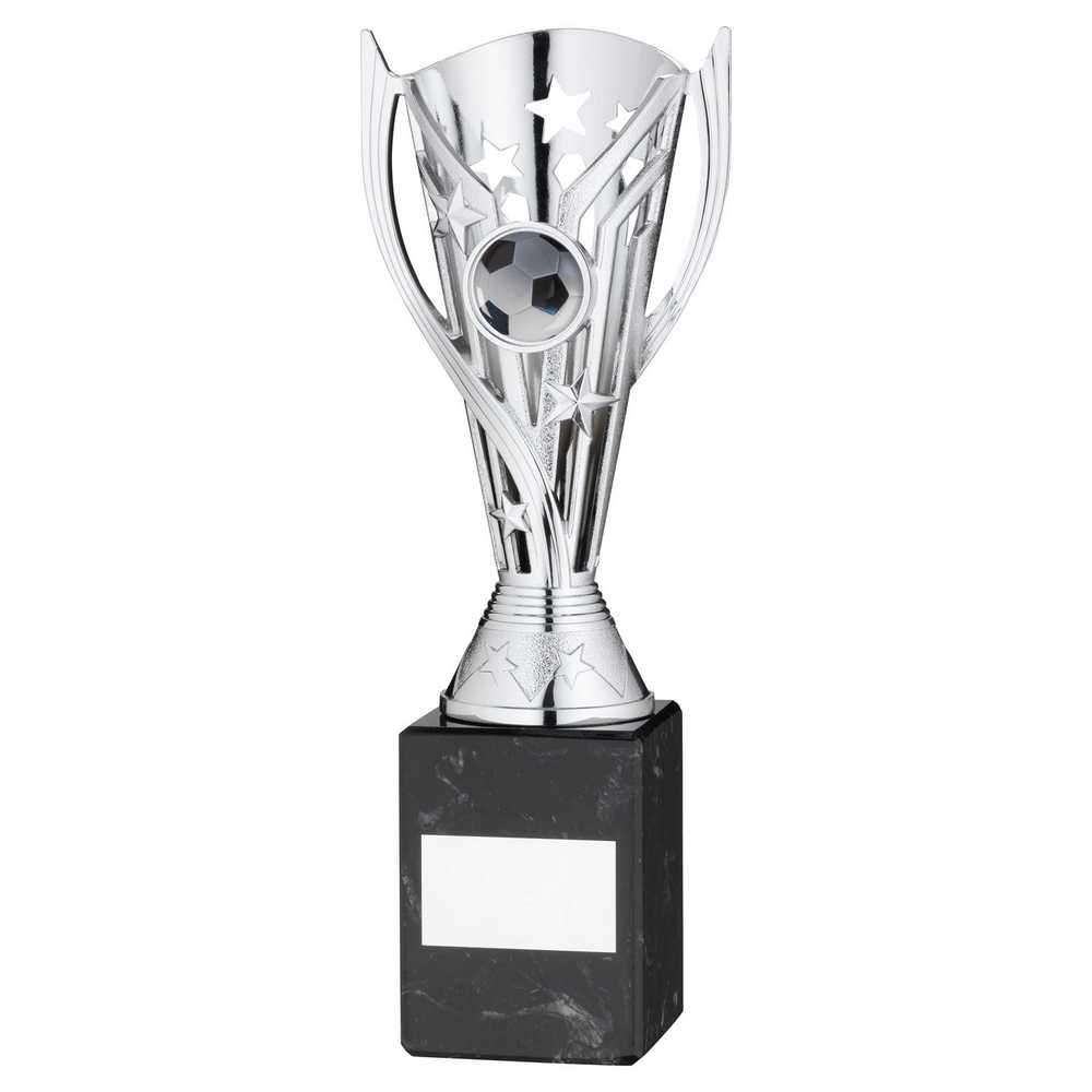 SILVER PLASTIC 'FLASH' CUP ON BLACK MARBLE ASSEMBLED TROPHY (1" CEN) - 9in