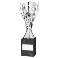 SILVER PLASTIC 'FLASH' CUP ON BLACK MARBLE ASSEMBLED TROPHY (1" CEN) - 9in