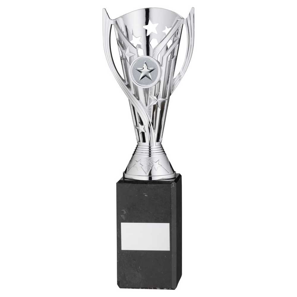 SILVER PLASTIC 'FLASH' CUP ON BLACK MARBLE ASSEMBLED TROPHY (1" CEN) - 10in