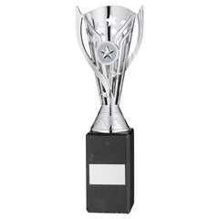 SILVER PLASTIC 'FLASH' CUP ON BLACK MARBLE ASSEMBLED TROPHY (1" CEN) - 10in