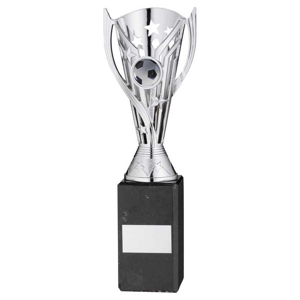 SILVER PLASTIC 'FLASH' CUP ON BLACK MARBLE ASSEMBLED TROPHY (1" CEN) - 10in
