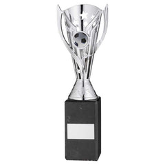 SILVER PLASTIC 'FLASH' CUP ON BLACK MARBLE ASSEMBLED TROPHY (1" CEN) - 10in
