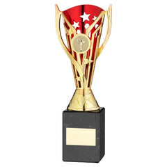GOLD/RED PLASTIC 'FLASH' CUP ON BLACK MARBLE ASSEMBLED TROPHY (1" CEN) - 9in