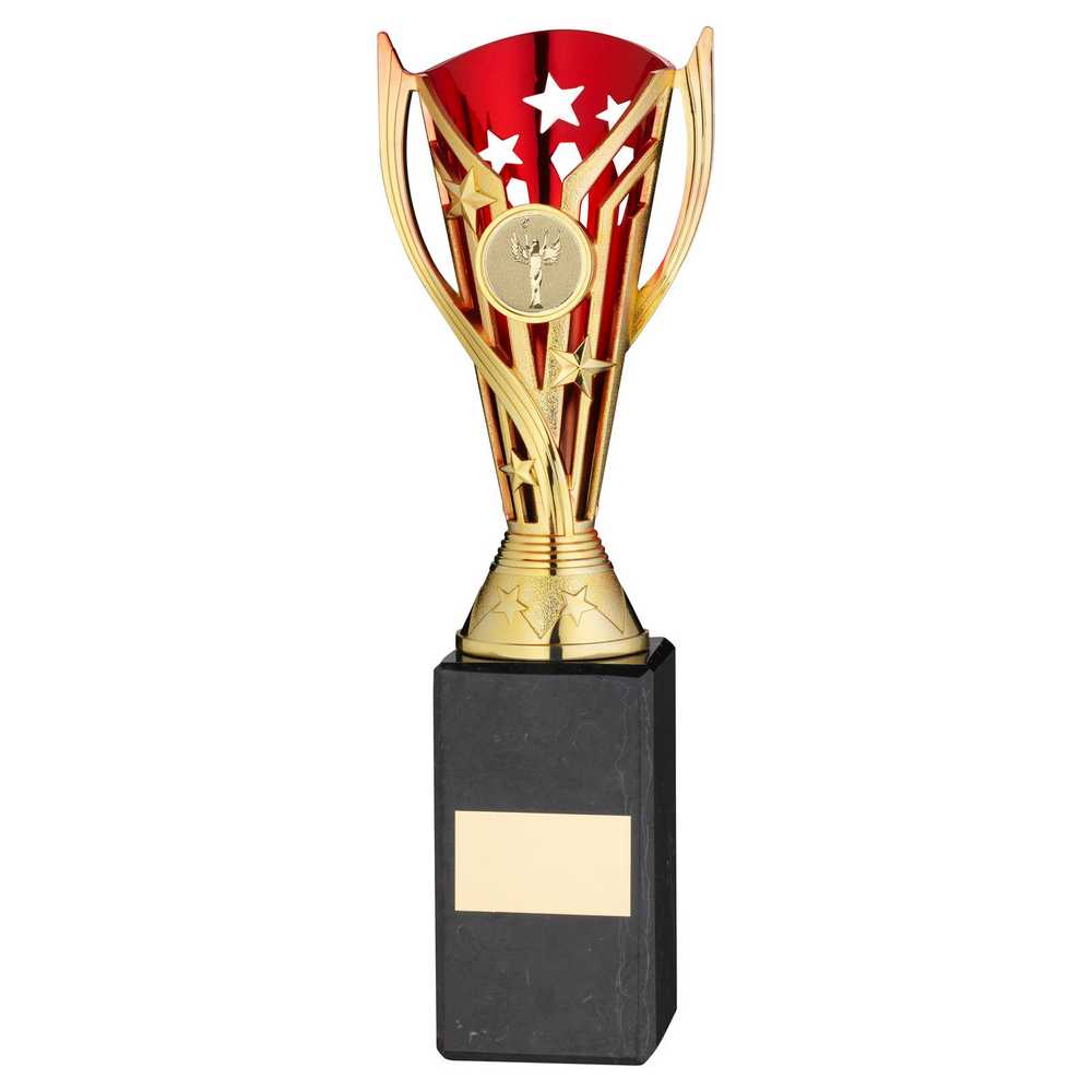 GOLD/RED PLASTIC 'FLASH' CUP ON BLACK MARBLE ASSEMBLED TROPHY (1" CEN) - 10in