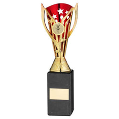 GOLD/RED PLASTIC 'FLASH' CUP ON BLACK MARBLE ASSEMBLED TROPHY (1" CEN) - 10in
