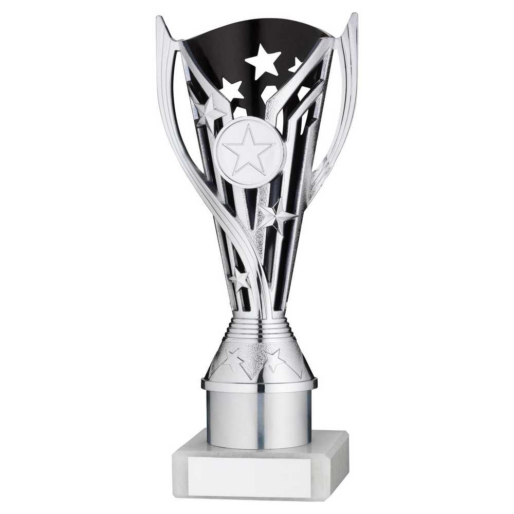 SILVER/BLACK PLASTIC 'FLASH' CUP ASSEMBLED ON MARBLE (1in CEN) - 8in