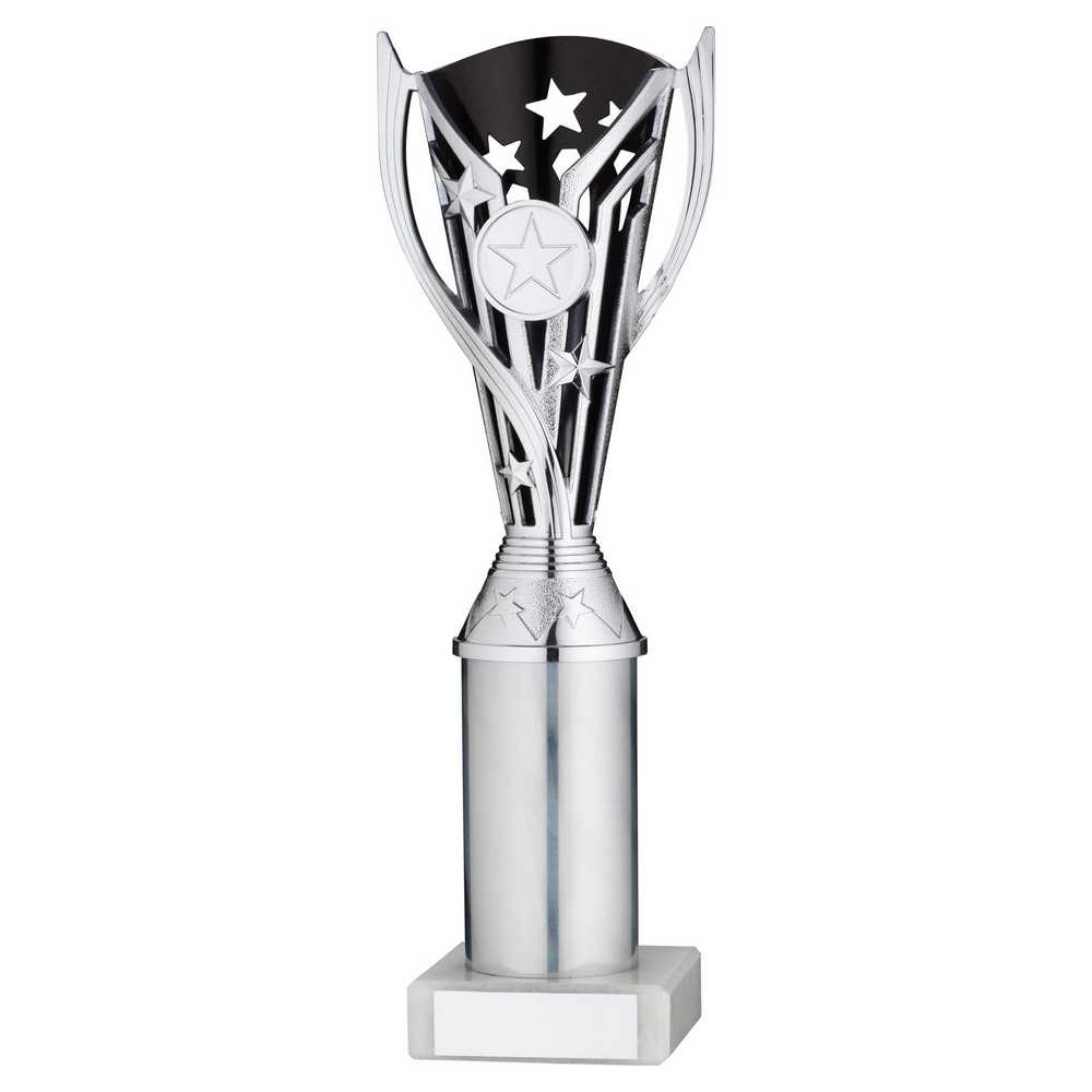 SILVER/BLACK PLASTIC 'FLASH' CUP ASSEMBLED ON MARBLE (1in CEN) - 10in