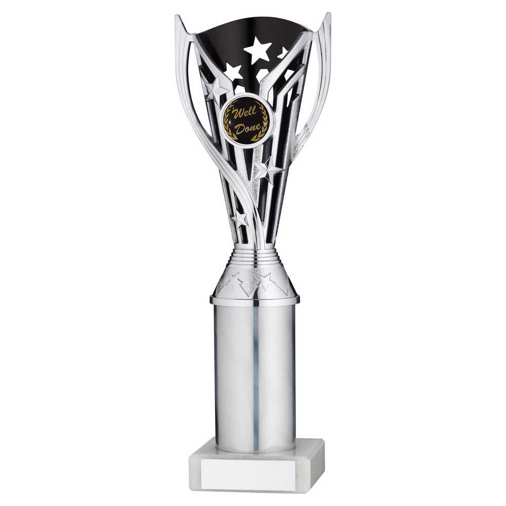 SILVER/BLACK PLASTIC 'FLASH' CUP ASSEMBLED ON MARBLE (1in CEN) - 10in
