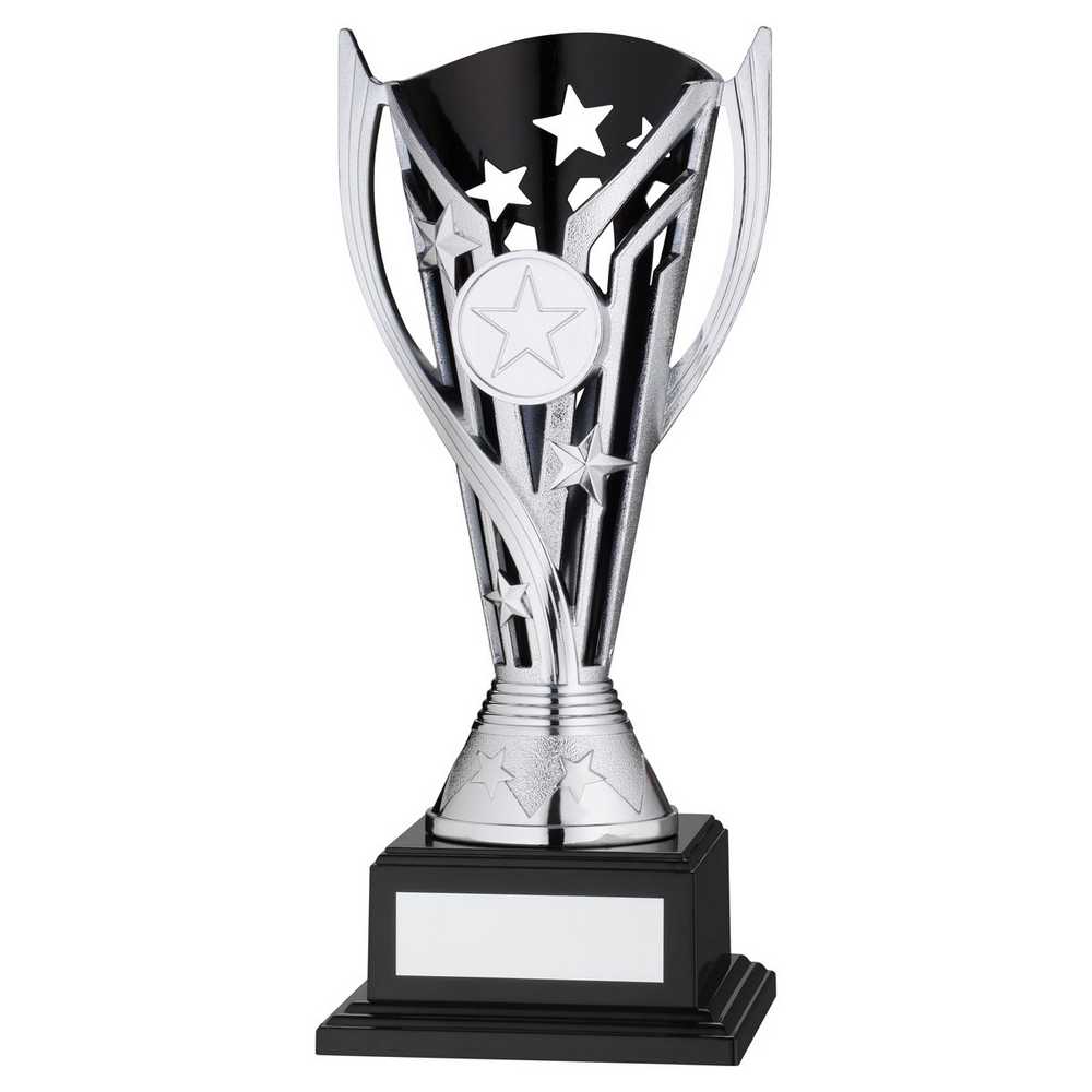 SILVER/BLACK PLASTIC 'FLASH' CUP ON BASE ASSEMBLED TROPHY (1" CEN) - 7.5in