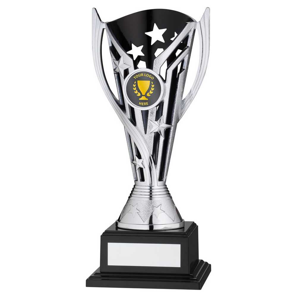 SILVER/BLACK PLASTIC 'FLASH' CUP ON BASE ASSEMBLED TROPHY (1" CEN) - 7.5in