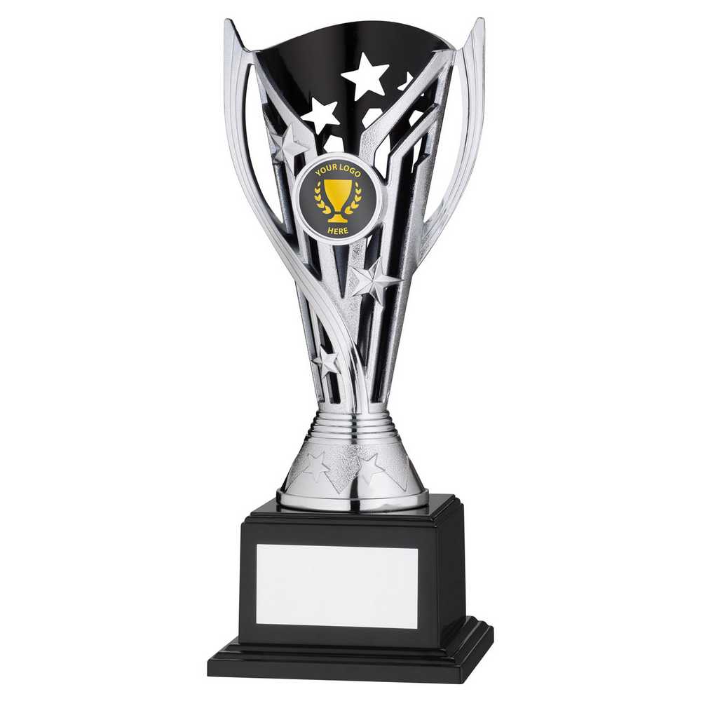 SILVER/BLACK PLASTIC 'FLASH' CUP ON BASE ASSEMBLED TROPHY (1" CEN) - 8in