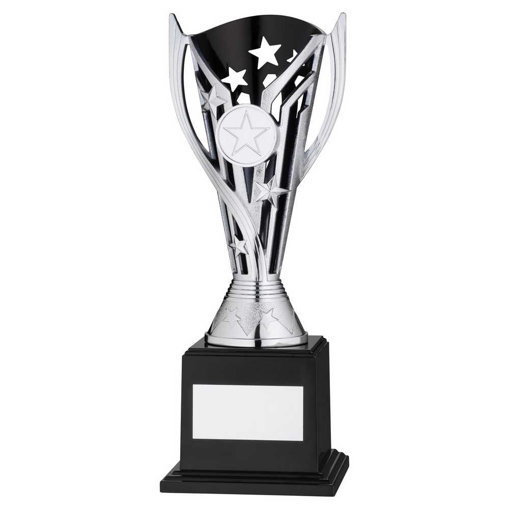 SILVER/BLACK PLASTIC 'FLASH' CUP ON BASE ASSEMBLED TROPHY (1" CEN) - 8.5in
