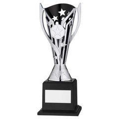 SILVER/BLACK PLASTIC 'FLASH' CUP ON BASE ASSEMBLED TROPHY (1" CEN) - 8.5in