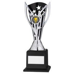 SILVER/BLACK PLASTIC 'FLASH' CUP ON BASE ASSEMBLED TROPHY (1" CEN) - 8.5in