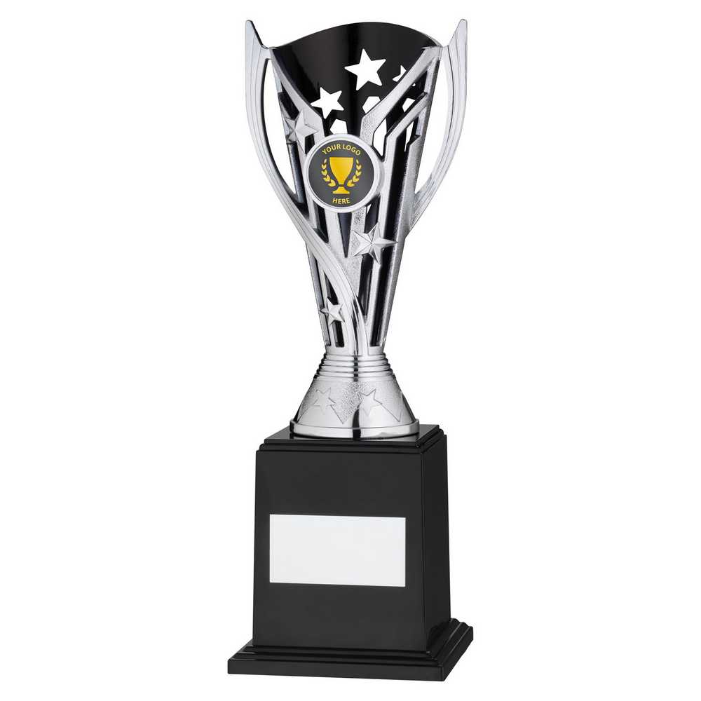 SILVER/BLACK PLASTIC 'FLASH' CUP ON BASE ASSEMBLED TROPHY (1" CEN) - 9.5in