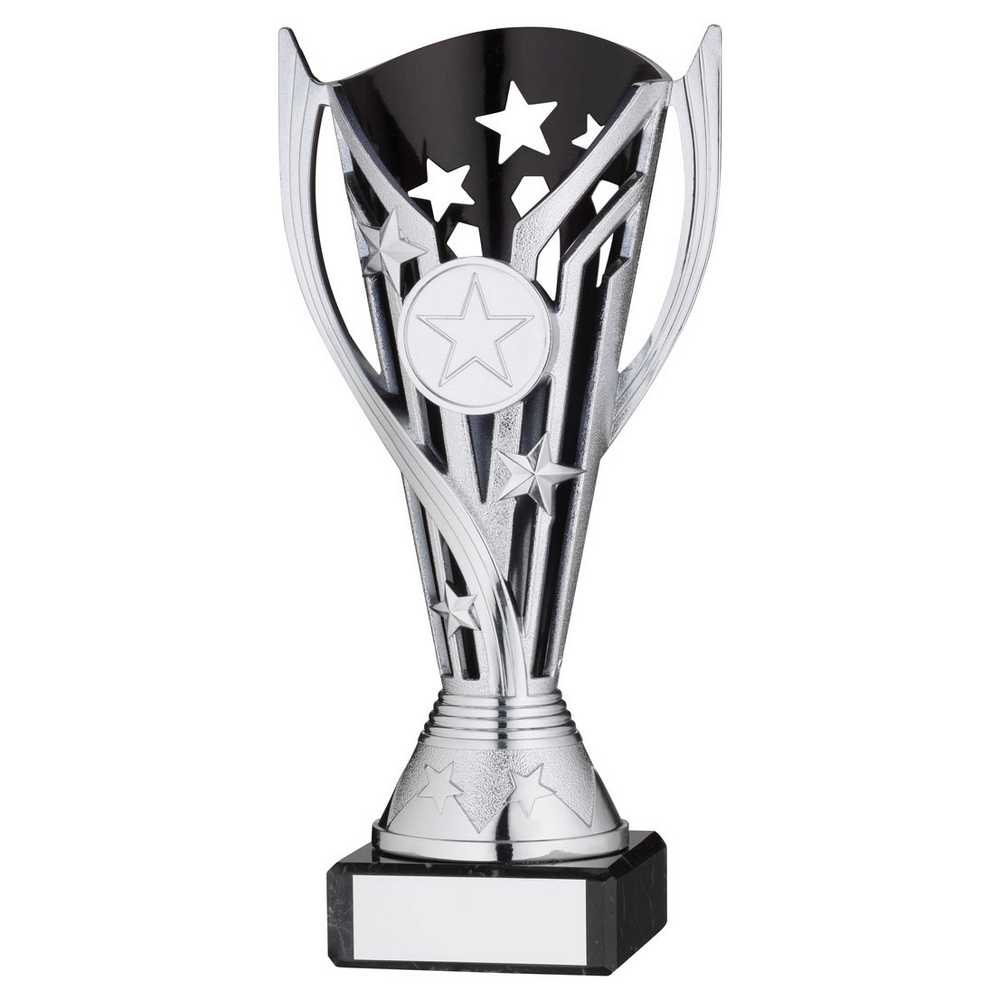 SILVER/BLK PLASTIC 'FLASH' CUP ON BLK MARBLE ASSEMBLED TROPHY (1" CEN) - 6.75in
