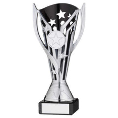 SILVER/BLK PLASTIC 'FLASH' CUP ON BLK MARBLE ASSEMBLED TROPHY (1" CEN) - 6.75in