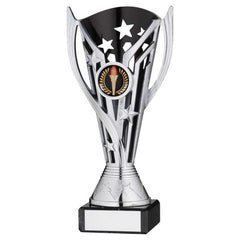 SILVER/BLK PLASTIC 'FLASH' CUP ON BLK MARBLE ASSEMBLED TROPHY (1" CEN) - 6.75in