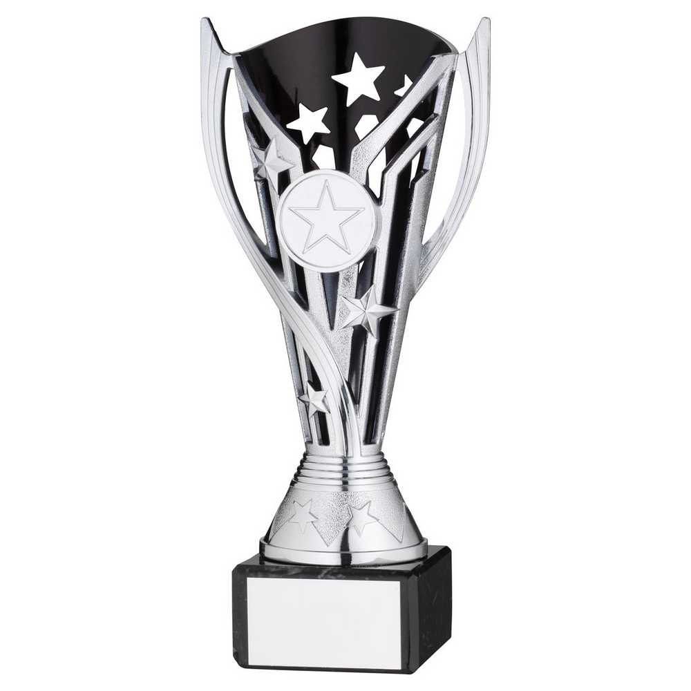 SILVER/BLK PLASTIC 'FLASH' CUP ON BLK MARBLE ASSEMBLED TROPHY (1" CEN) - 7.25in