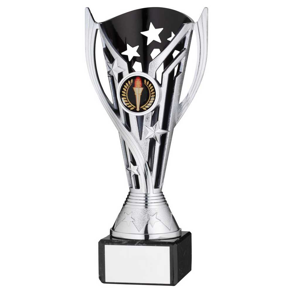 SILVER/BLK PLASTIC 'FLASH' CUP ON BLK MARBLE ASSEMBLED TROPHY (1" CEN) - 7.25in