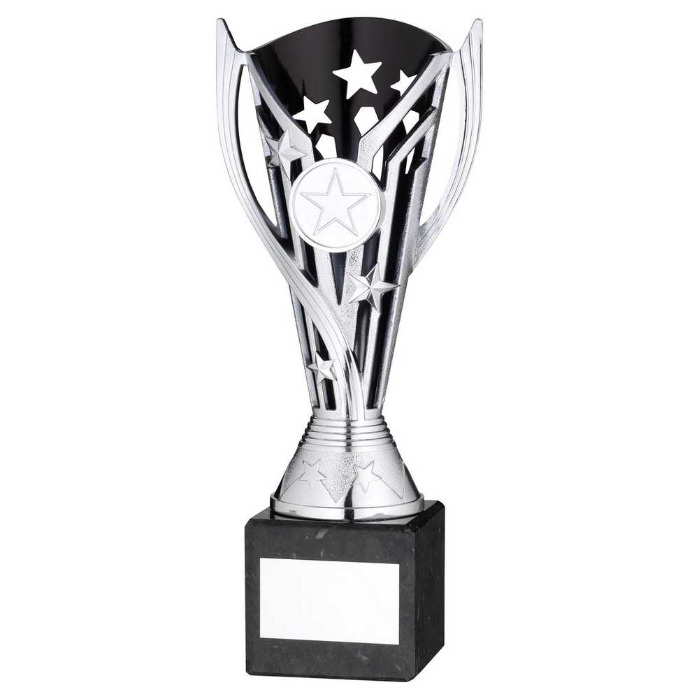 SILVER/BLK PLASTIC 'FLASH' CUP ON BLK MARBLE ASSEMBLED TROPHY (1" CEN) - 8in