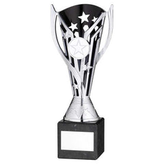 SILVER/BLK PLASTIC 'FLASH' CUP ON BLK MARBLE ASSEMBLED TROPHY (1" CEN) - 8in