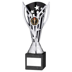 SILVER/BLK PLASTIC 'FLASH' CUP ON BLK MARBLE ASSEMBLED TROPHY (1" CEN) - 8in