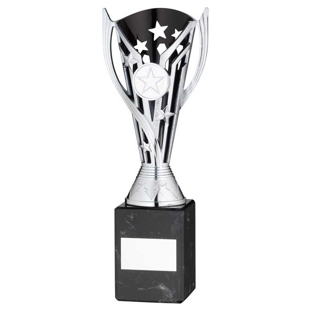 SILVER/BLK PLASTIC 'FLASH' CUP ON BLK MARBLE ASSEMBLED TROPHY (1" CEN) - 9in