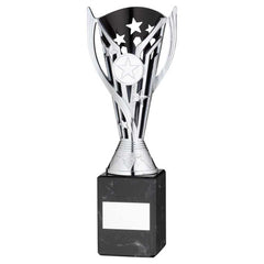 SILVER/BLK PLASTIC 'FLASH' CUP ON BLK MARBLE ASSEMBLED TROPHY (1" CEN) - 9in