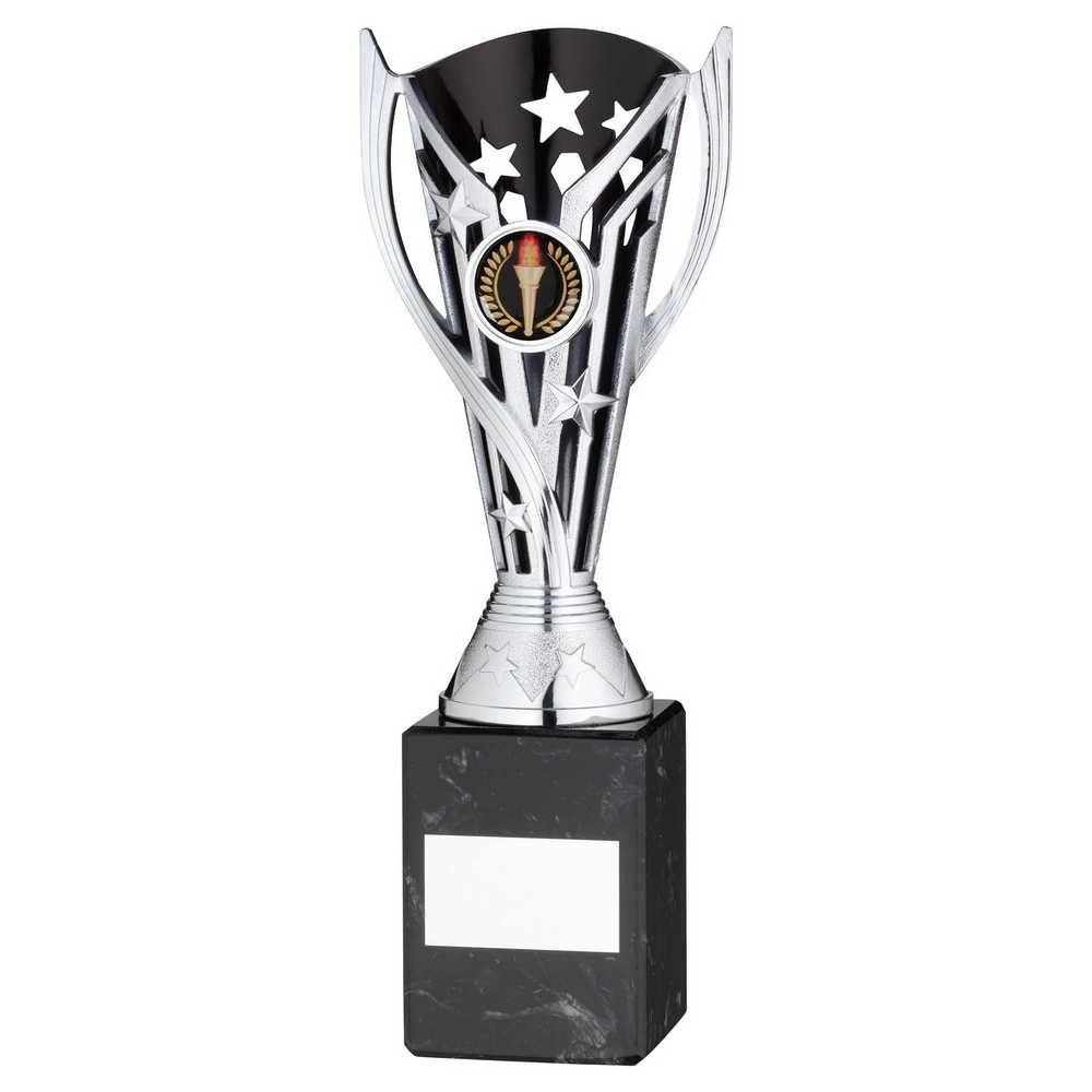 SILVER/BLK PLASTIC 'FLASH' CUP ON BLK MARBLE ASSEMBLED TROPHY (1" CEN) - 9in