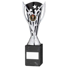 SILVER/BLK PLASTIC 'FLASH' CUP ON BLK MARBLE ASSEMBLED TROPHY (1" CEN) - 9in