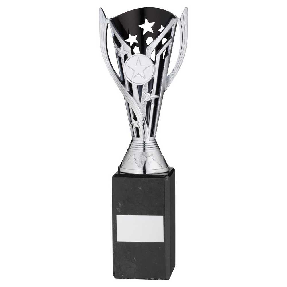SILVER/BLK PLASTIC 'FLASH' CUP ON BLK MARBLE ASSEMBLED TROPHY (1" CEN) - 10in