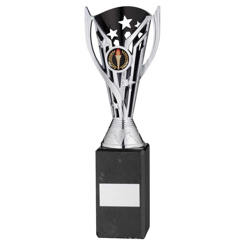 SILVER/BLK PLASTIC 'FLASH' CUP ON BLK MARBLE ASSEMBLED TROPHY (1" CEN) - 10in