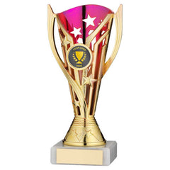 GOLD/PURPLE PLASTIC 'FLASH' CUP ASSEMBLED ON MARBLE (1in CEN) - 7in